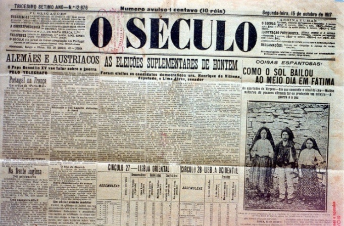 Reprodução do jornal O Século, noticiando o Milagre do Sol em Fátima